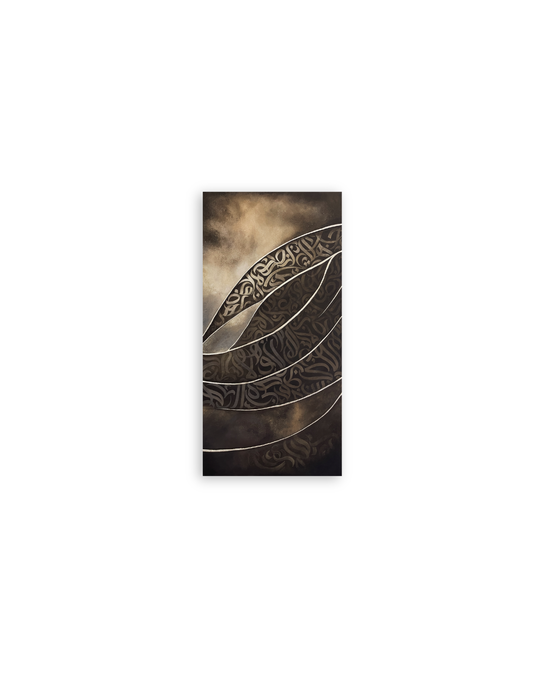“Rising Glyphs,” an original mixed-media artwork by Shirin Roshanaie in shades of brown, beige, white, and champagne, featuring flowing Persian/ Arabic calligraphic forms and layered textures. ShisArt Studio