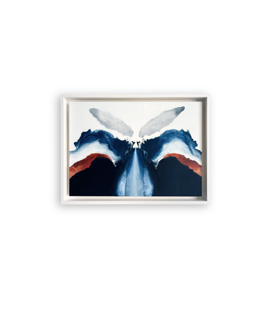 Abstract artwork from the “Déjà Vu” collection by Shirin Roshanaie, featuring symmetrical butterfly-like forms and flowing blue, black, red, and gray strokes within a white frame. ShisArt Studio