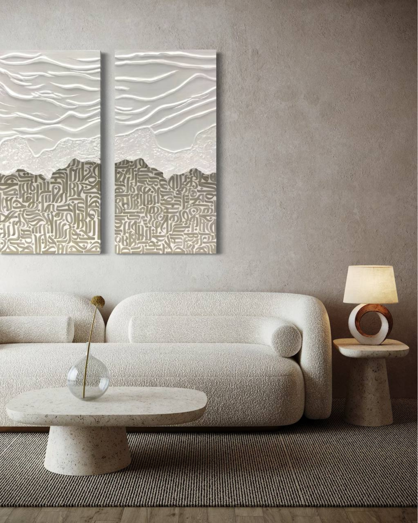 “Sea of Words,” an original mixed-media artwork from the “Waves of Light I” collection by Shirin Roshanaie, displayed as a two-panel wall artwork in a modern neutral living room. ShisArt Studio