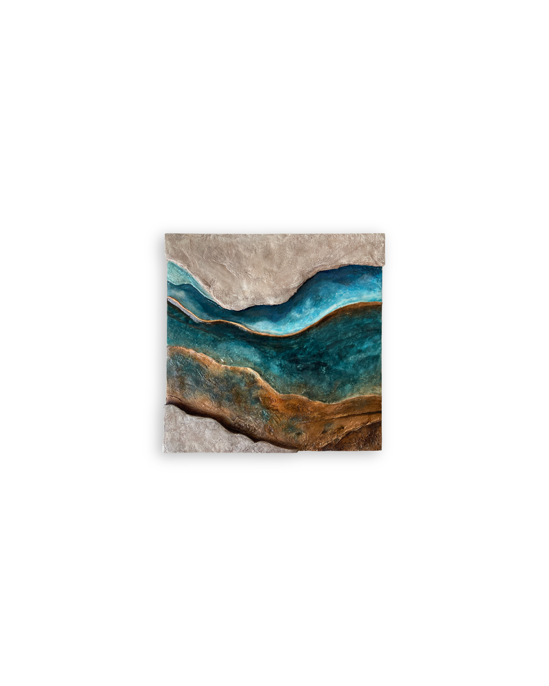 “Descent of Time,” a three-dimensional mixed-media artwork by Shirin Roshanaie in bone white, blue and bronze color, inspired by the textures and forms of nature. ShisArt Studio