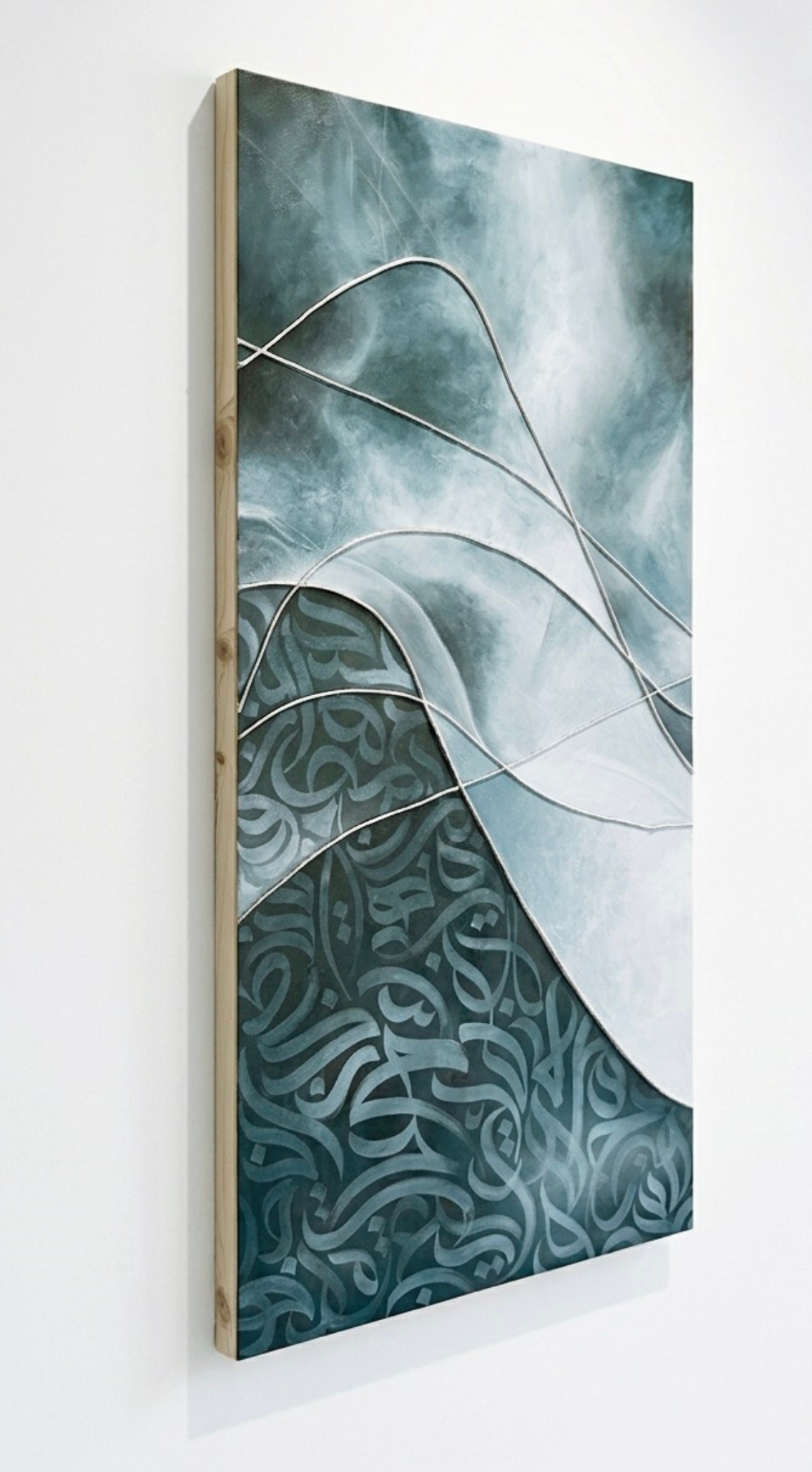 “Flux,” an original mixed-media artwork by Shirin Roshanaie, shown from a side perspective with layered textures and Persian calligraphic forms in shades of blue. ShisArt Studio