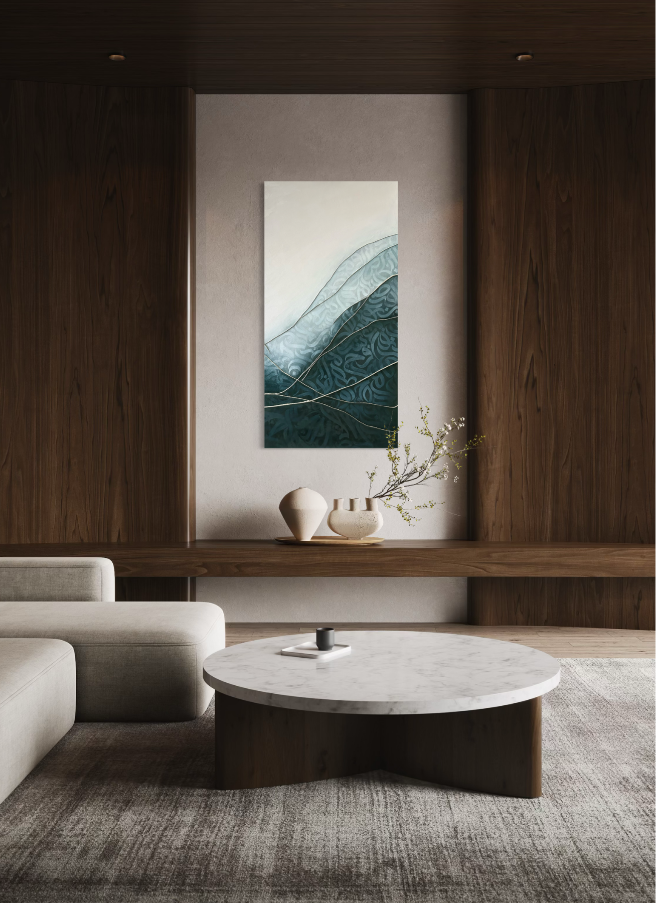 “Liminal Veil,” an original mixed-media artwork by Shirin Roshanaie, featuring layered textures and Persian calligraphic forms, displayed in a warm modern interior.   ShisArt Studio