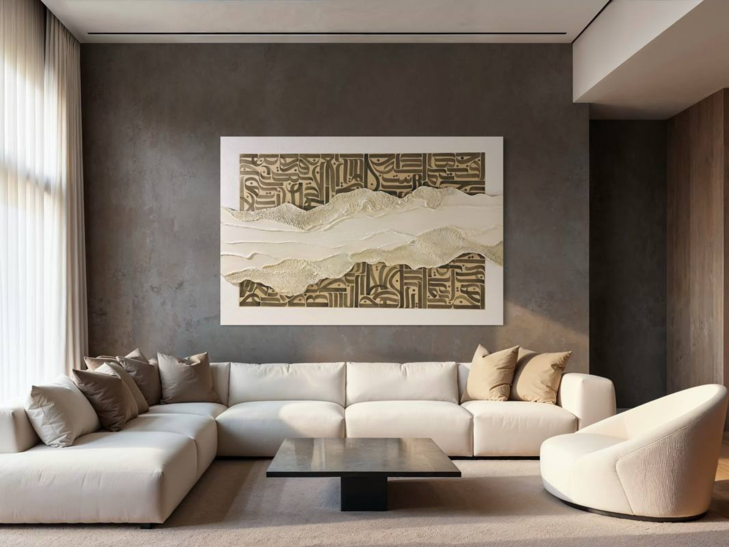 “Flow of Life,” an original mixed-media artwork by Shirin Roshanaie from the “Waves of Light I” collection, displayed on a textured wall in a modern minimalist interior with neutral tones.  ShisArt Studio