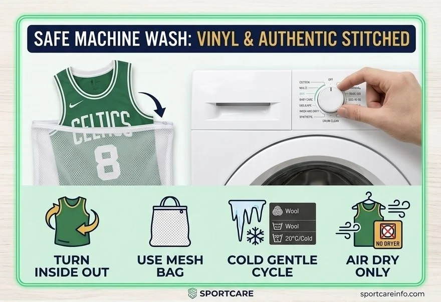 Instructions for safe machine wash of wool and authentic stitched team jerseys: turn inside out, use mesh bag, cold gentle cycle, air dry only.