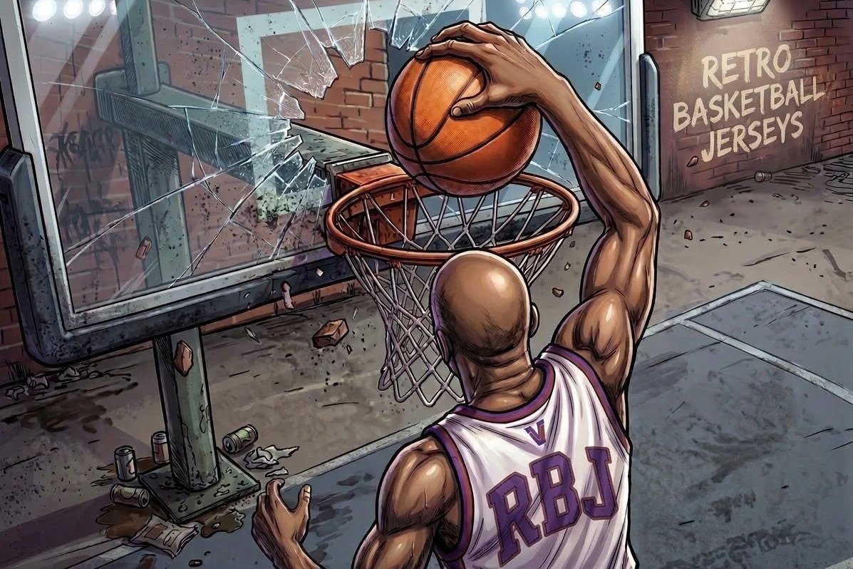 A muscular basketball player wearing a white jersey with purple lettering 'RBJ' is dunking a basketball through a cracked, graffiti-covered outdoor basketball hoop with a broken backboard, on a dirty court with debris and spray-painted wall that says