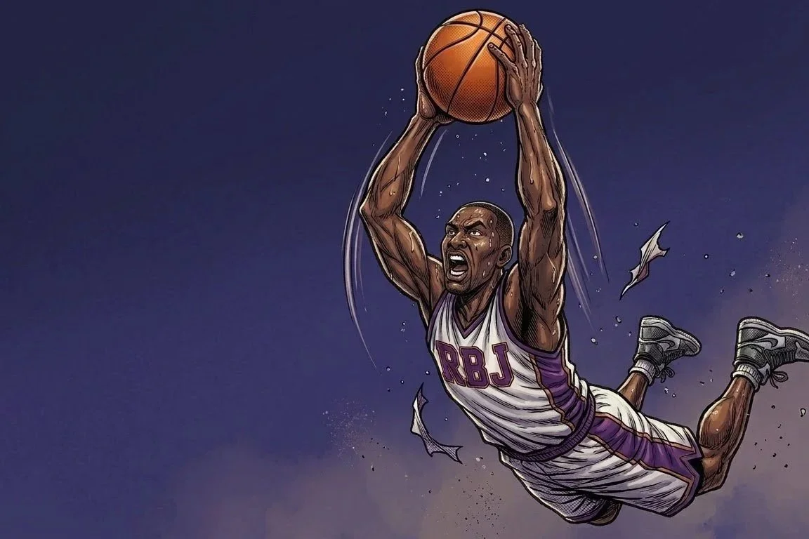 Illustration of a basketball player in a purple and white uniform with the letters 'RBJ' on it, soaring through the air and preparing to dunk or shoot a basketball.