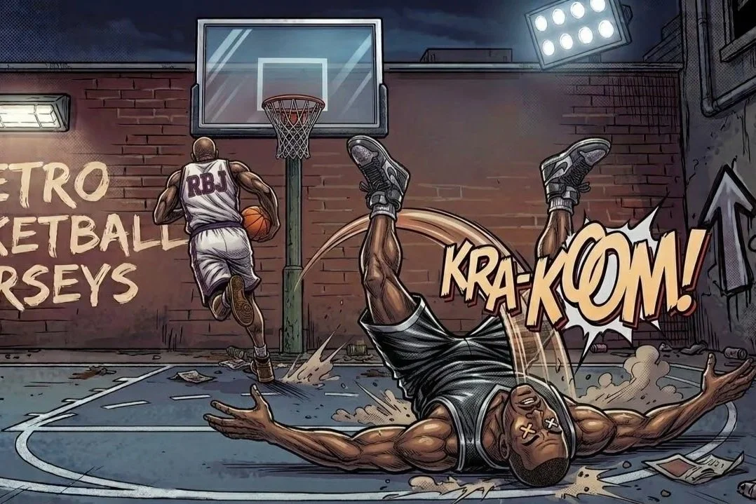 An animated basketball scene on an outdoor court showing a player in a white jersey jumping towards the basket and another player in black falling to the ground with a comic sound effect "KRA-KOOM!".
