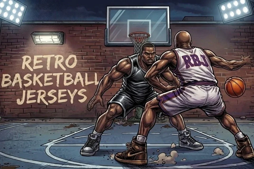 Two male basketball players in retro jerseys playing basketball on an outdoor court at night, with a brick wall and basketball hoop in the background, under bright floodlights, with the text 'Retro Basketball Jerseys' on the wall.