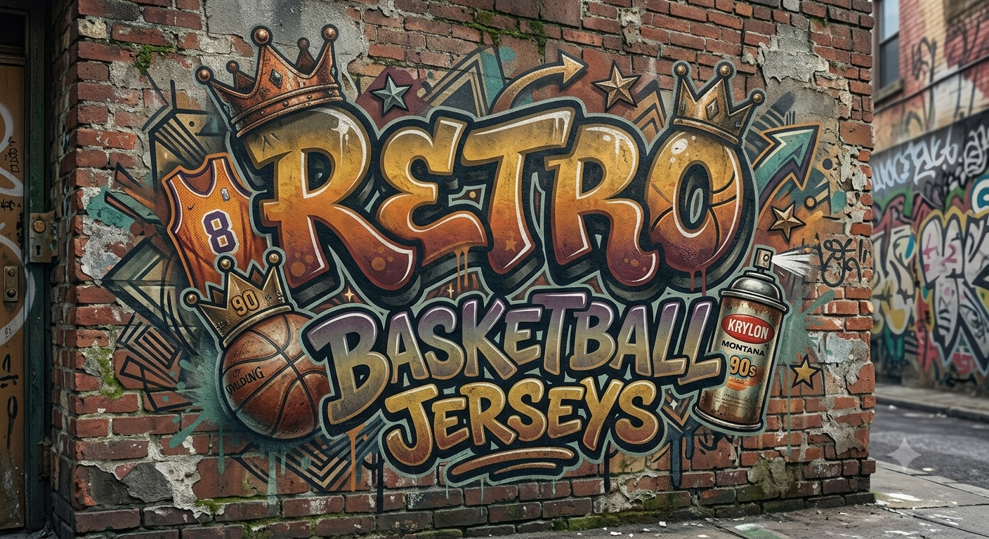 Colorful graffiti on a brick wall advertising retro basketball jerseys, featuring a basketball, spray paint can, and decorative crowns and stars.