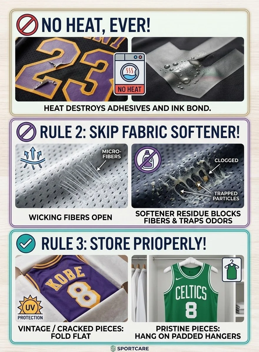 A guide with three rules about fabric care. Rule 1: No heat, with images of jerseys with torn numbers and a heat icon. Rule 2: Skip fabric softener, showing open wicking fibers and a clogged fabric softener residue. Rule 3: Store properly, with images of vintage cracked sports jerseys folded flat and pristine pieces hung on padded hangers.