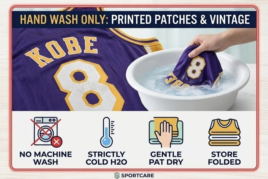 A sign instructing to hand wash only printed patches and vintage sports jerseys. It shows a jersey with 'KOBE 8' on it and a hand washing a jersey in a basin of water. The sign indicates no machine wash, use strictly cold water, gently pat dry, and store folded.
