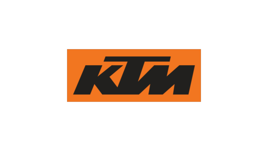 KTM logo with black letters on an orange rectangular background.