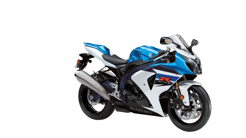A blue, white, and black Suzuki sport motorcycle with the Suzuki logo and an 'R' decal, positioned against a black background.