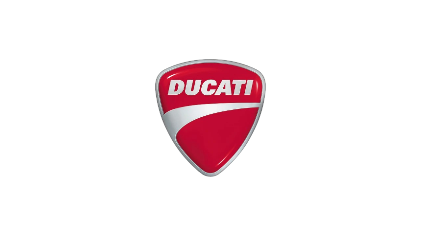 Ducati logo shield with red background and silver border, featuring the word 'Ducati' in white letters.