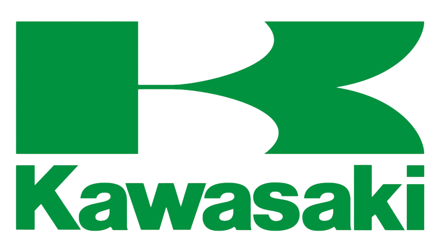 Kawasaki logo with green color, featuring a stylized letter 'K' and the brand name 'Kawasaki' below it.