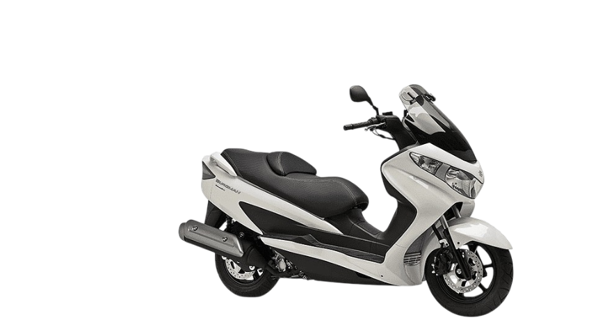 A white and black scooter motorcycle with a windshield, seat, and exhaust pipe isolated on a black background.
