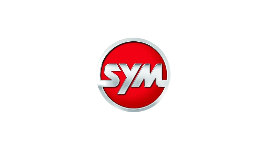 Red circular logo with the white and silver stylized text "SYM" in the center.