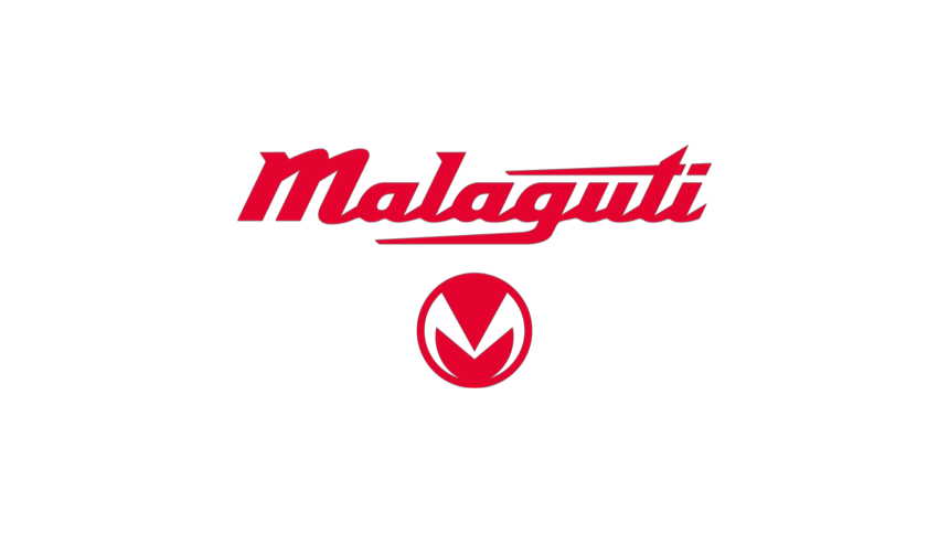 The image features the logo of Malaguti, an Italian motorcycle manufacturer. The logo has the word 'Malaguti' in stylized red cursive script, with a circular emblem below depicting a stylized 'M' in red and black.