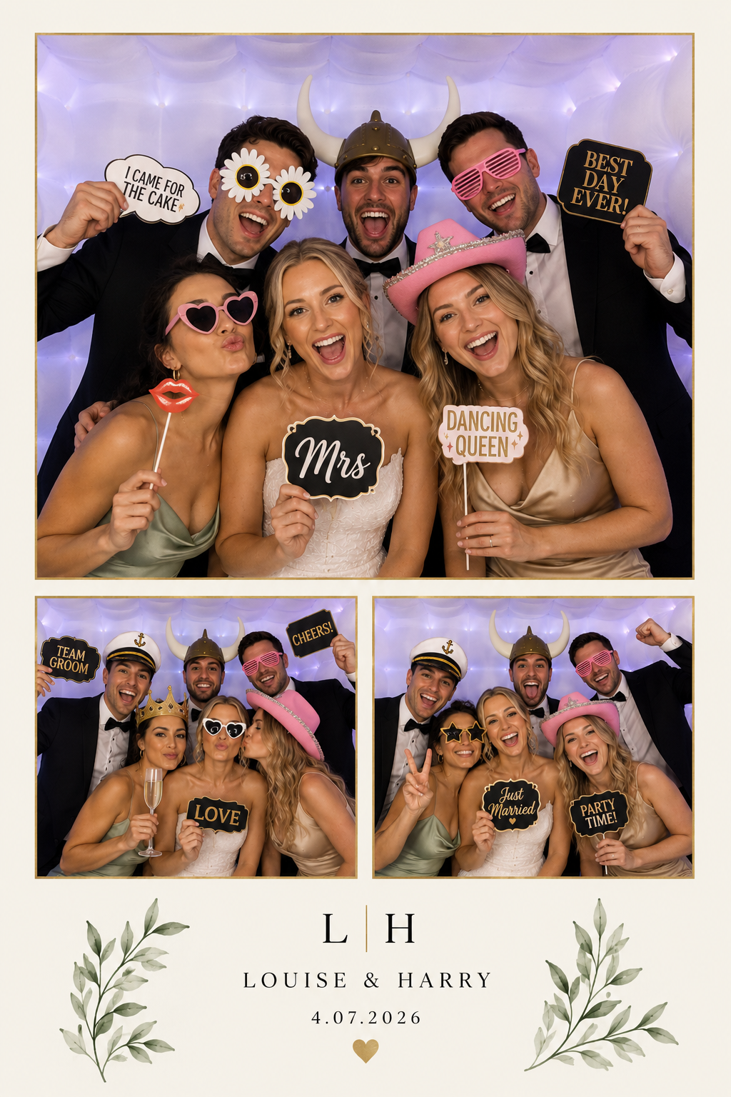 A group of six people celebrating at a wedding, wearing party props and holding signs with messages like 'Mrs', 'Dancing Queen', and 'Party Time'. They are smiling and having fun against a purple-lit backdrop, with some wearing hats, sunglasses, and holding makeup-themed props.