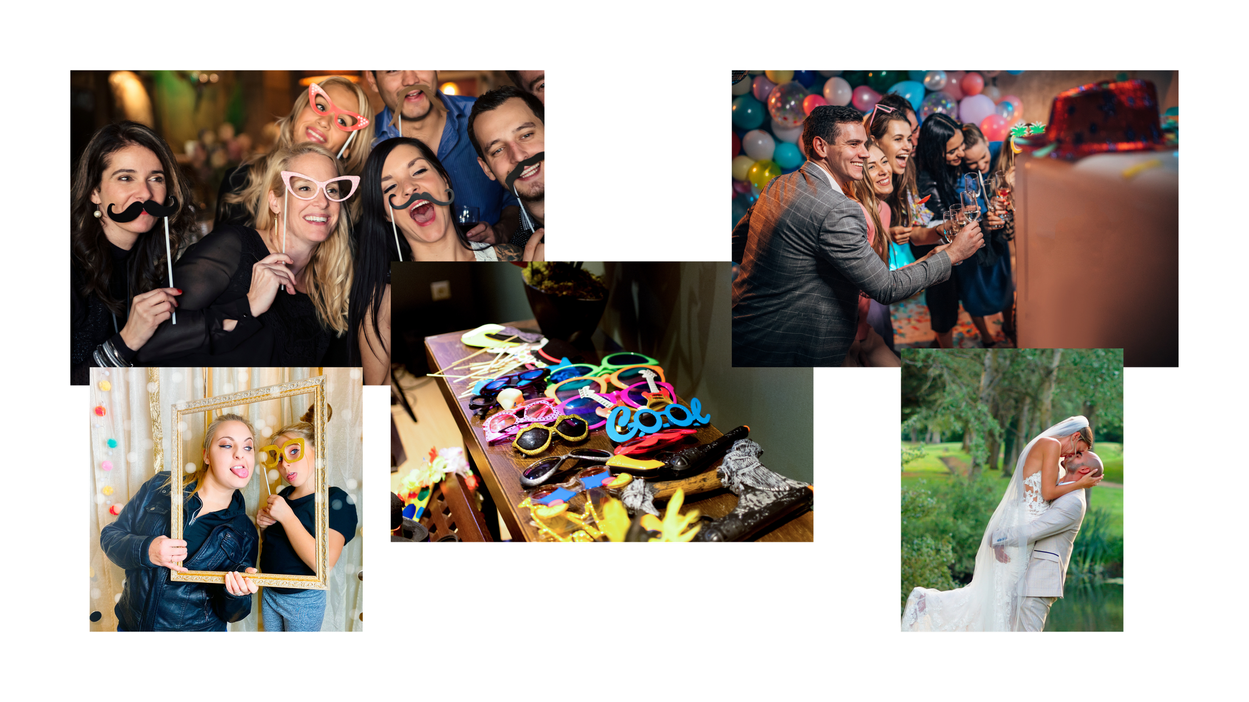 A collage of images from various celebrations and events, including people dressing up with costume props at a party, a group of people at a birthday with balloons and cake, two women posing with a photo frame, a table with colorful sunglasses, and a couple kissing outdoors in wedding attire.