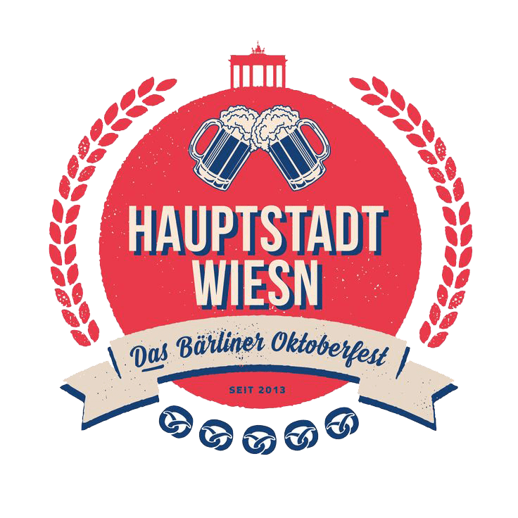 Logo for Hauptstadt Wiesn, an Oktoberfest celebration in Berlin, featuring two beer mugs clinking, a red circular background, laurel branches, and German text.