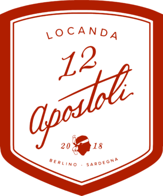 A shield-shaped emblem with a white background and red border. Text reads 'Locanda 12 Apostoli,' with the number 12 prominently displayed and the year 2018. Additional text includes 'Berlin' and 'Sardegna.' The emblem features a small silhouette of a
