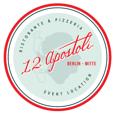 Logo of 12 Apostoli, an Italian restaurant and pizzeria in Berlin-Mitte, featuring a profile of a face with steaming coffee and red cursive text.