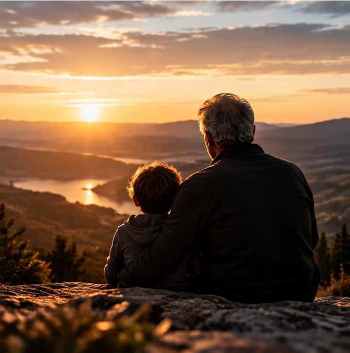 Pessoa idosa e criança assistindo o pôr do sol em uma paisagem montanhosa com rio ao fundo.