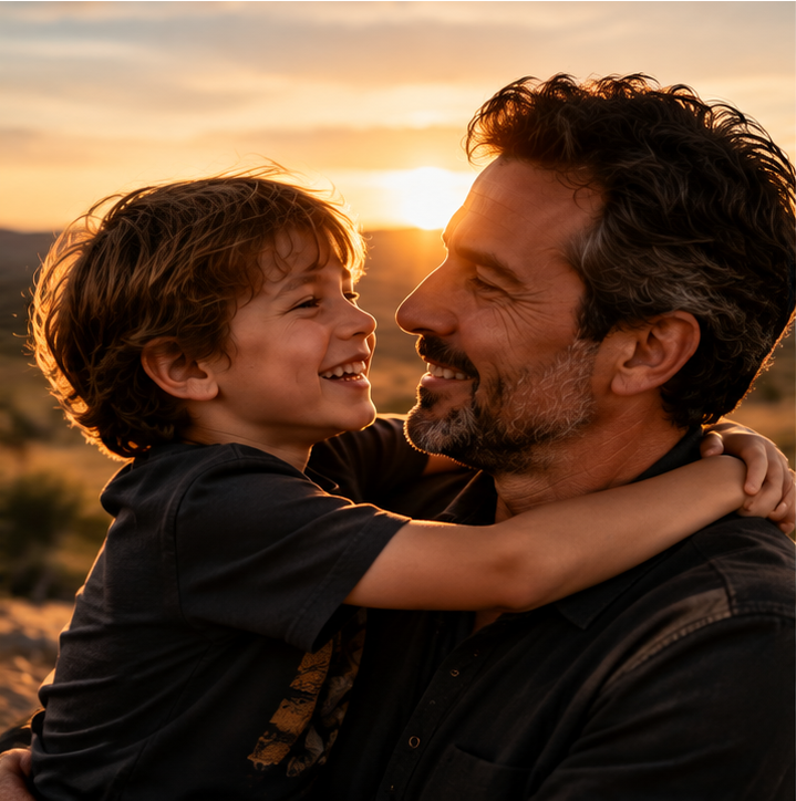 Homem e menino sorrindo com pôr do sol ao fundo
