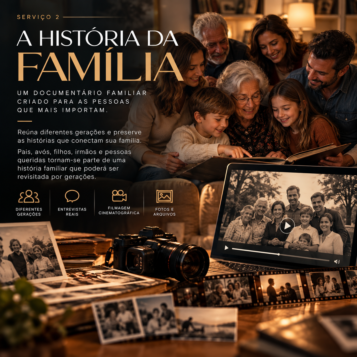 Imagem de uma família reunida, olhando um álbum de fotos antigo. Ao fundo, há uma mesa com câmeras e fotos impressas, além de um laptop exibindo uma foto de família em preto e branco. Texto promovendo um documentário sobre a história da família e elementos gráficos ilustrando diferentes gerações, entrevistas, filmagens e fotos.