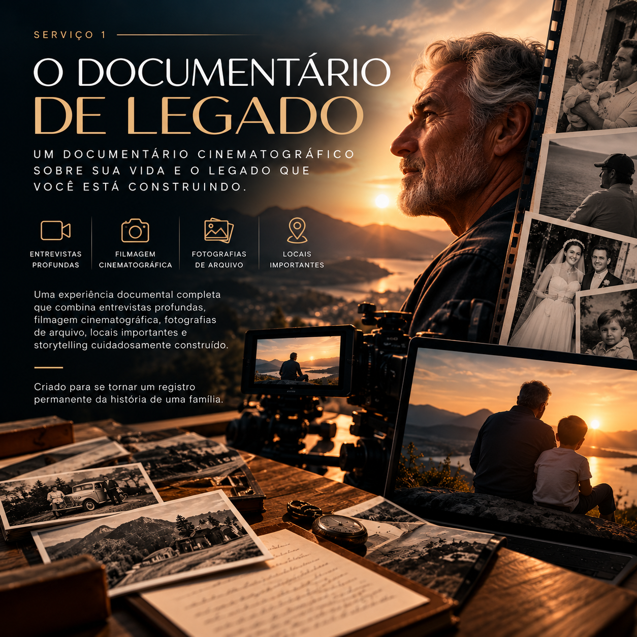 A imagem mostra uma apresentação do documentário "De Legado" com uma cena de uma câmera fotográfica e várias fotos antigas e atuais de uma família, incluindo um idoso olhando para o pôr do sol, uma mulher e um homem se abraçando, e uma criança. O cenário ao fundo é uma paisagem montanhosa ao pôr do sol, com luz dourada e céu parcialmente nublado. O texto destaca diferentes aspectos do documentário, como entrevistas profundas, filmagens cinematográficas, fotografias de arquivo, locais importantes e storytelling elaborado.