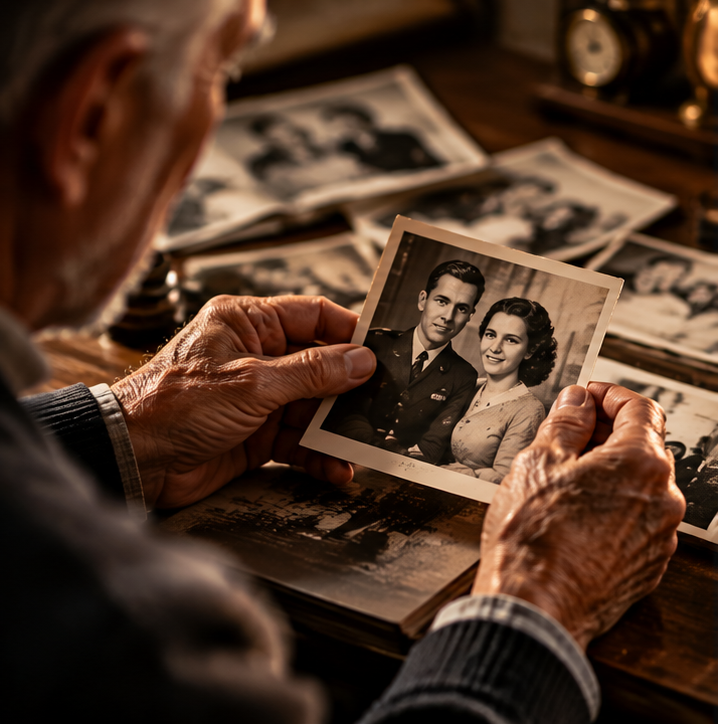 Idoso olha uma foto antiga de um casal, enquanto outros retratos antigos estão espalhados sobre uma mesa de madeira.