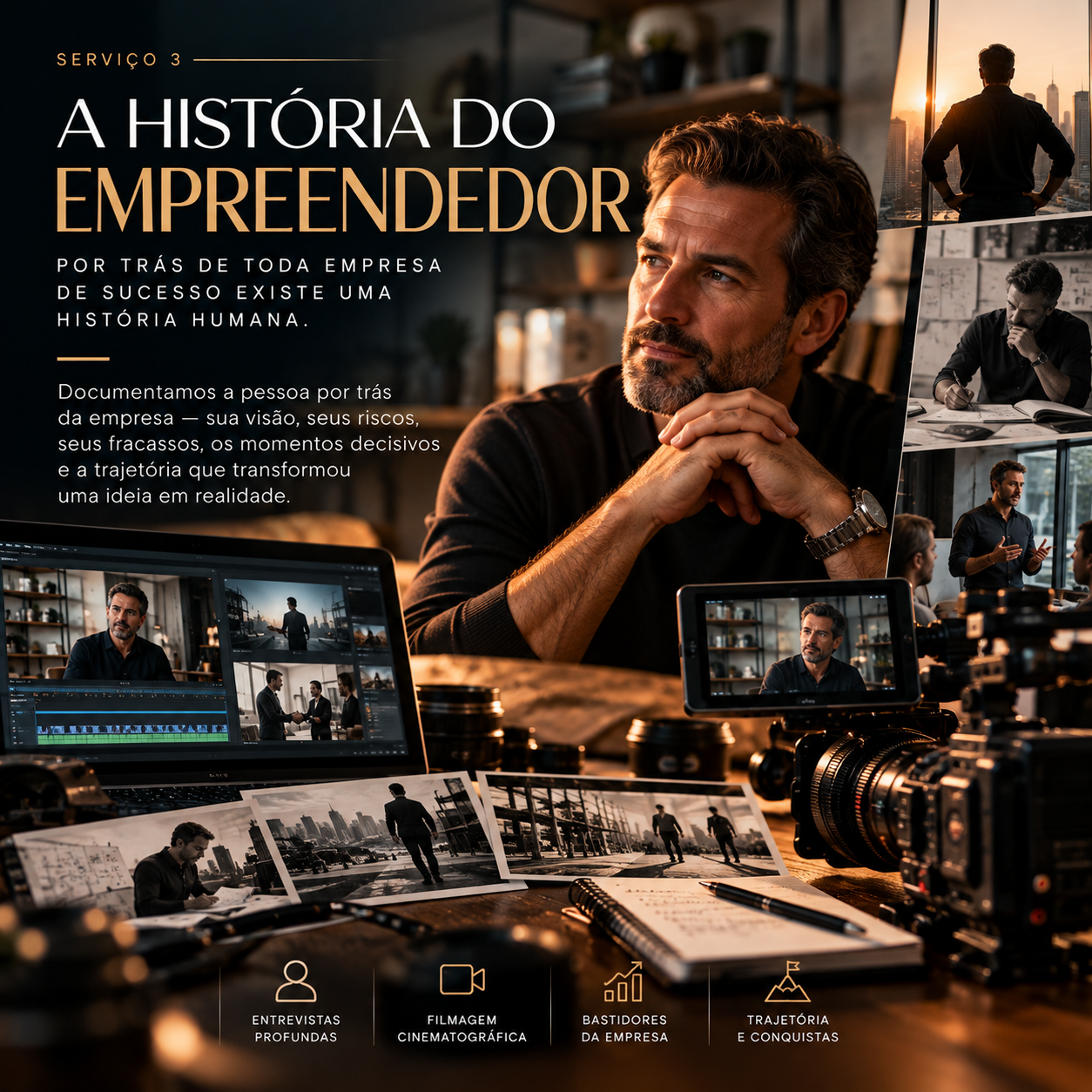 Imagem de um profissional de negócios pensando, com cenas de entrevistas, filmagens, análise de dados, e trajetórias de sucesso em um ambiente de escritório, destacando a narrativa da história do empreendedor.