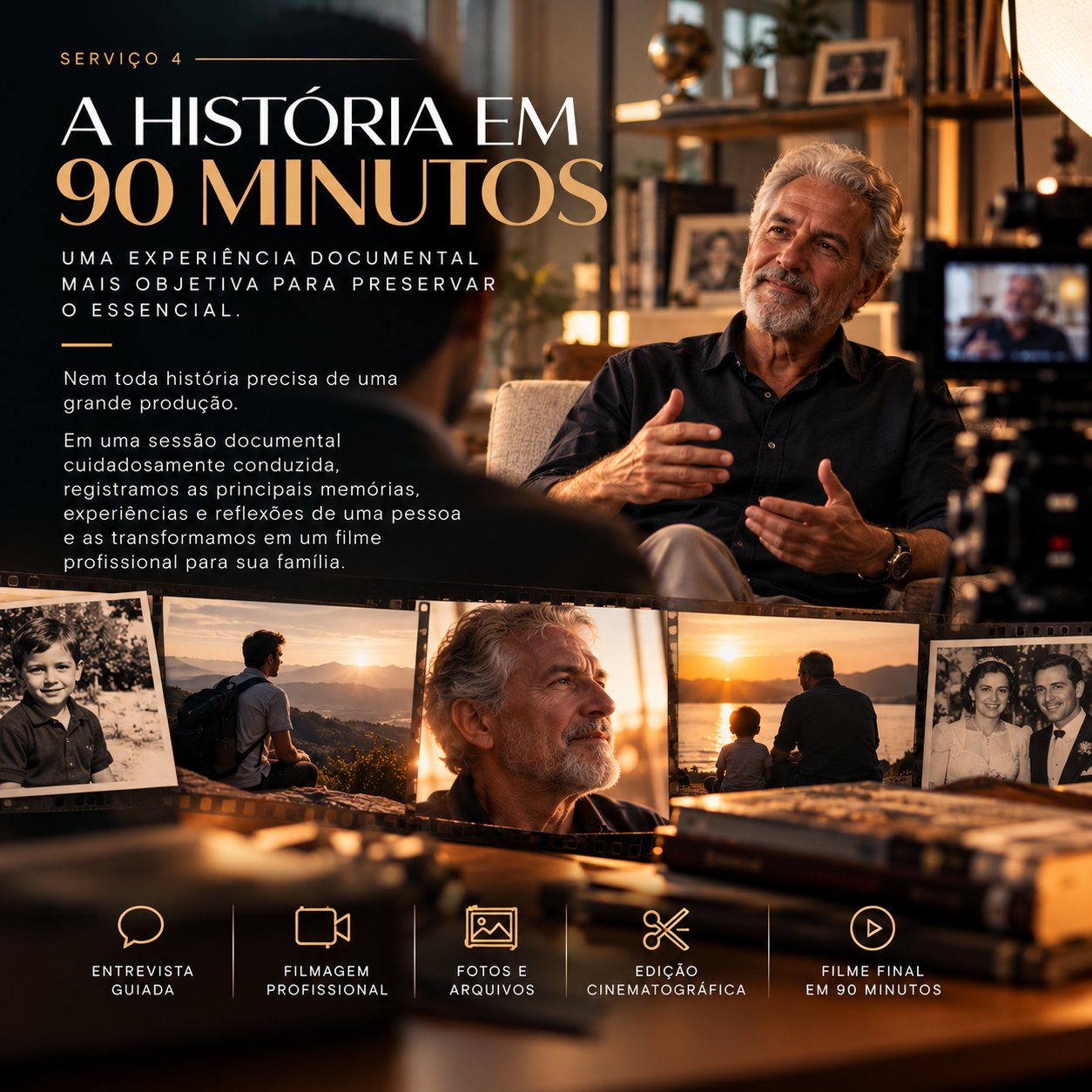 Imagem de um vídeo ou documentário intitulado "A História em 90 Minutos", mostrando uma entrevista com um homem mais velho, com cabelo grisalho e barba, em uma conversa durante uma gravação. A cena inclui várias fotos antigas na mesa e uma estante ao fundo, além de ícones com descrições de etapas do processo, como entrevista guiada, filmagem profissional, fotos e arquivos, edição cinematográfica e filme final em 90 minutos.