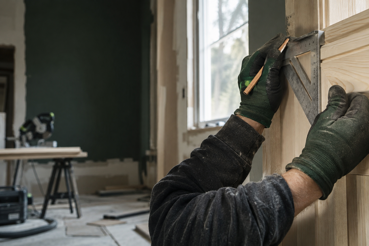 Craftsperson carefully measuring wood trim