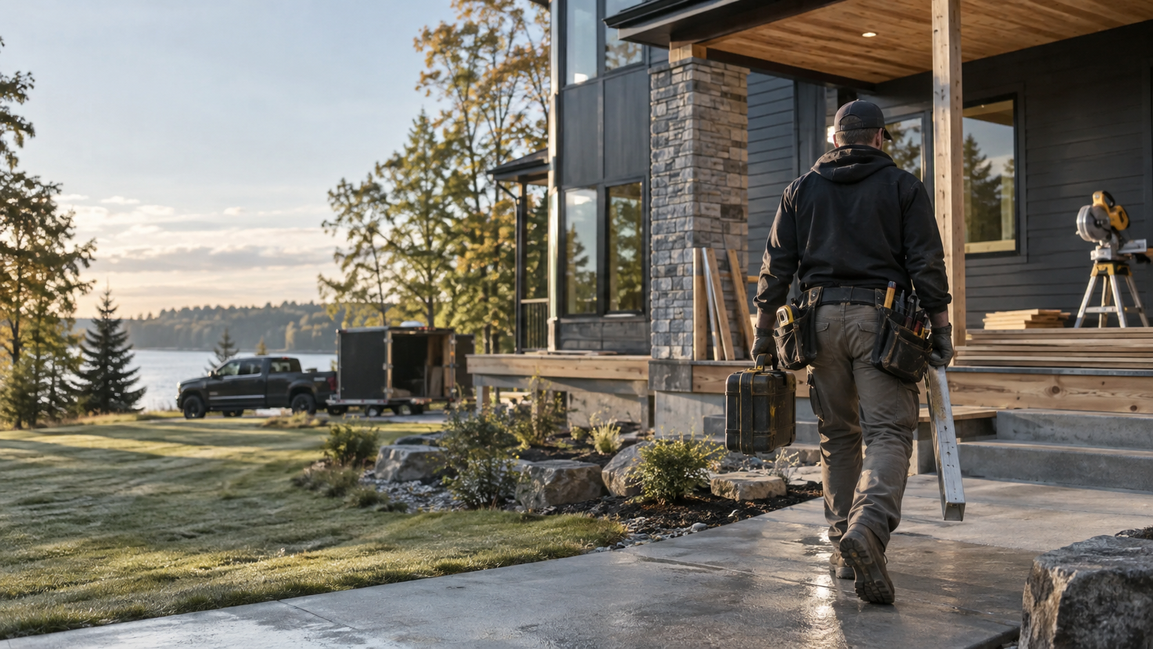 Property service professional arriving at a modern home