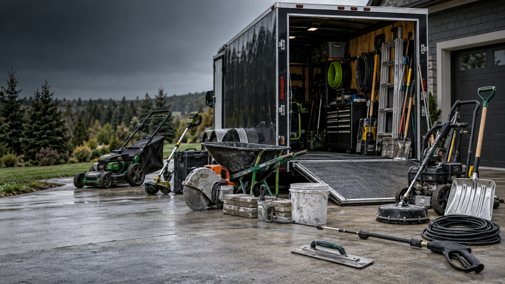 Property service equipment and tools organized in a work trailer