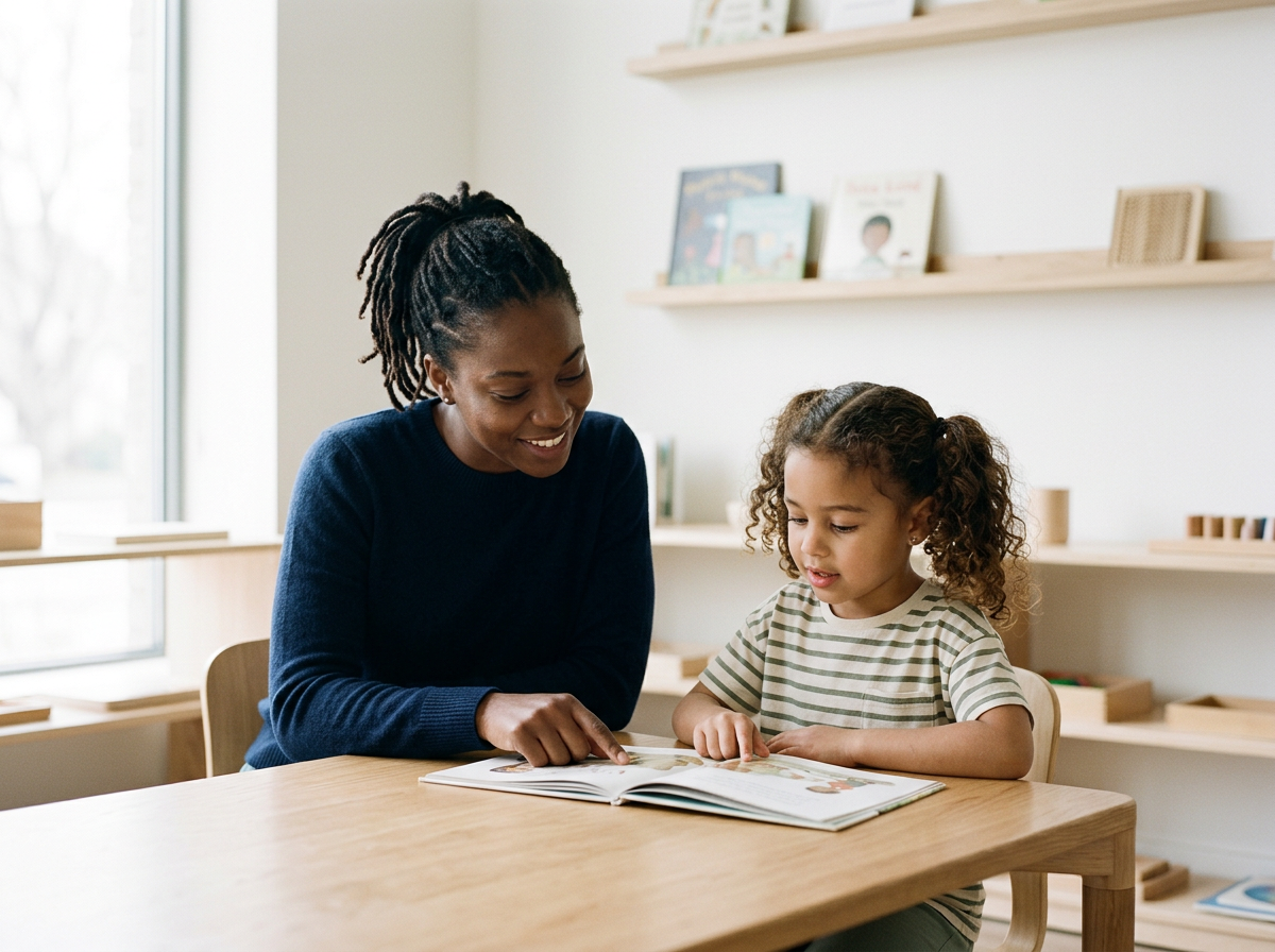 An adult woman and a young girl sitting at a wooden table, reading a book together in a bright, cozy room with bookshelves in the background.