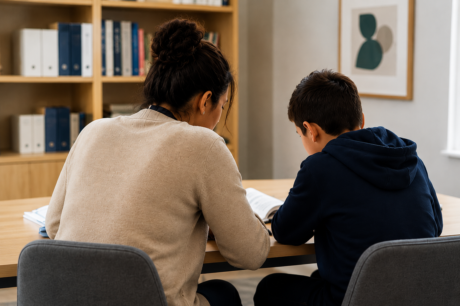 A woman and a boy sitting at a table with books, engaged in a learning activity inside a room with bookshelves and artwork.
