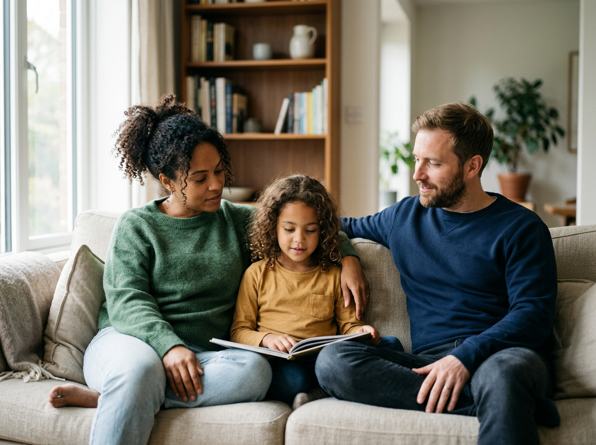 A family of three sitting on a beige sofa in a cozy living room, reading a book together. The mother, with curly hair, is on the left, the daughter with curly hair is in the middle, and the father with short hair and beard is on the right. There are bookshelves and plants in the background.