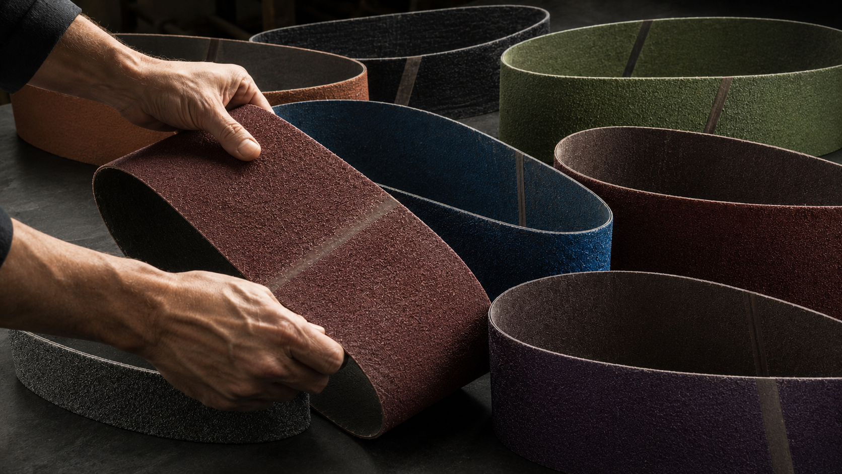 Mani che movimentano nastri abrasivi colorati utilizzati per la finitura superficiale dei metalli sulle macchine Garboli.