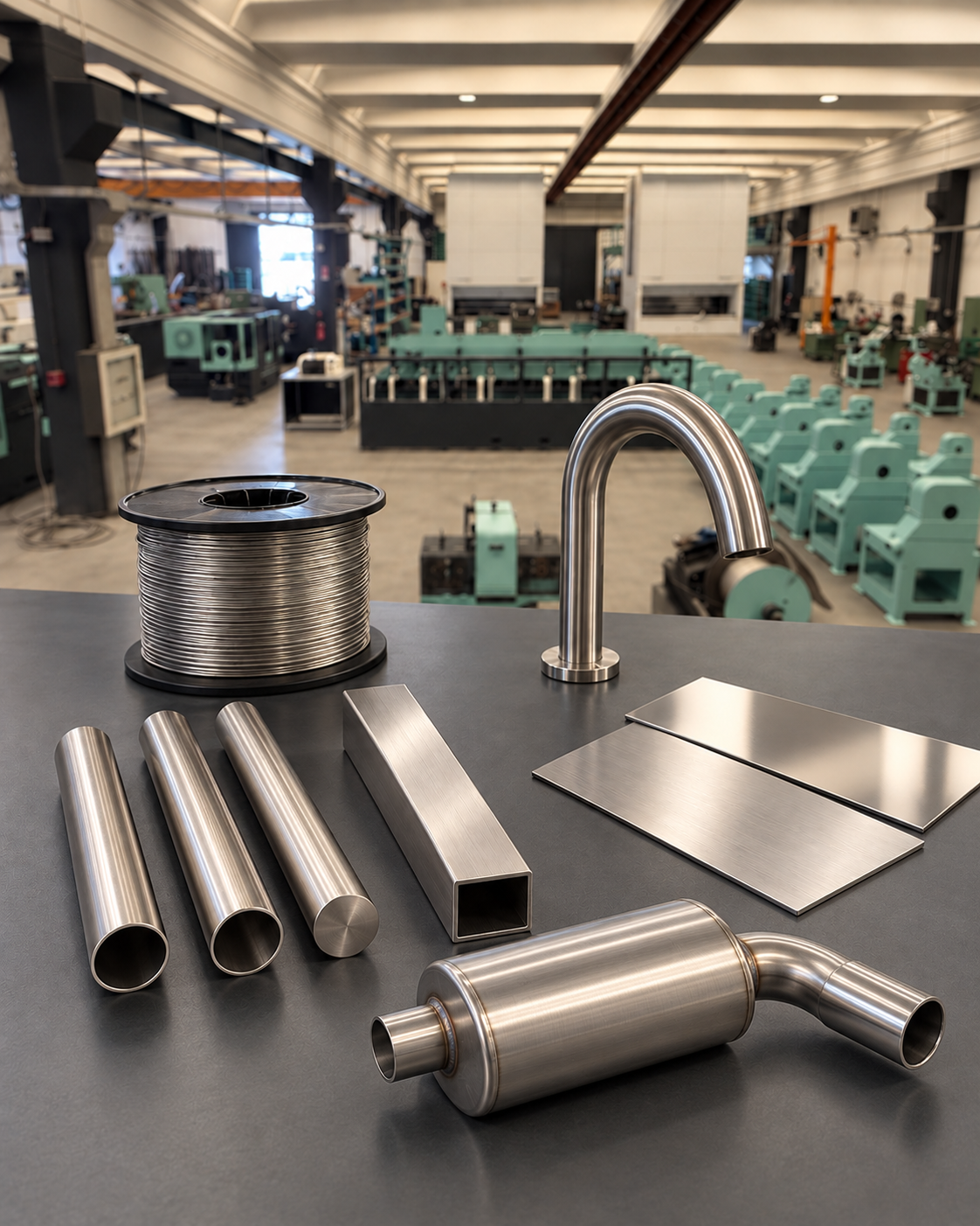 Tubi, barre, bobina di filo metallico, rubinetto e silenziatore disposti in un’area produttiva Garboli.
