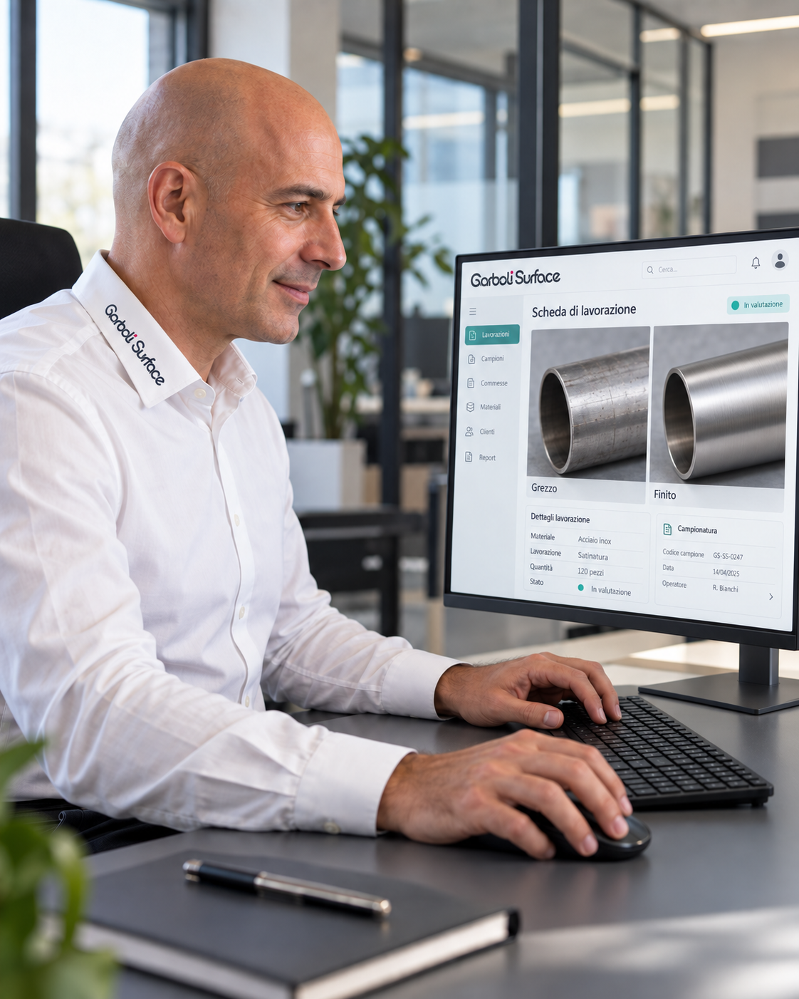 Commerciale Garboli Surface mentre prepara un offerta al computer