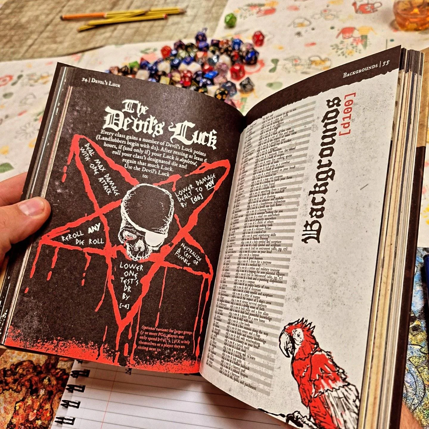 Open book with a game rule titled "The Devil's Luck" featuring a skull illustration and red markings on a dark background, with a list of game instructions and a character drawing of a red bird or rooster at the bottom.