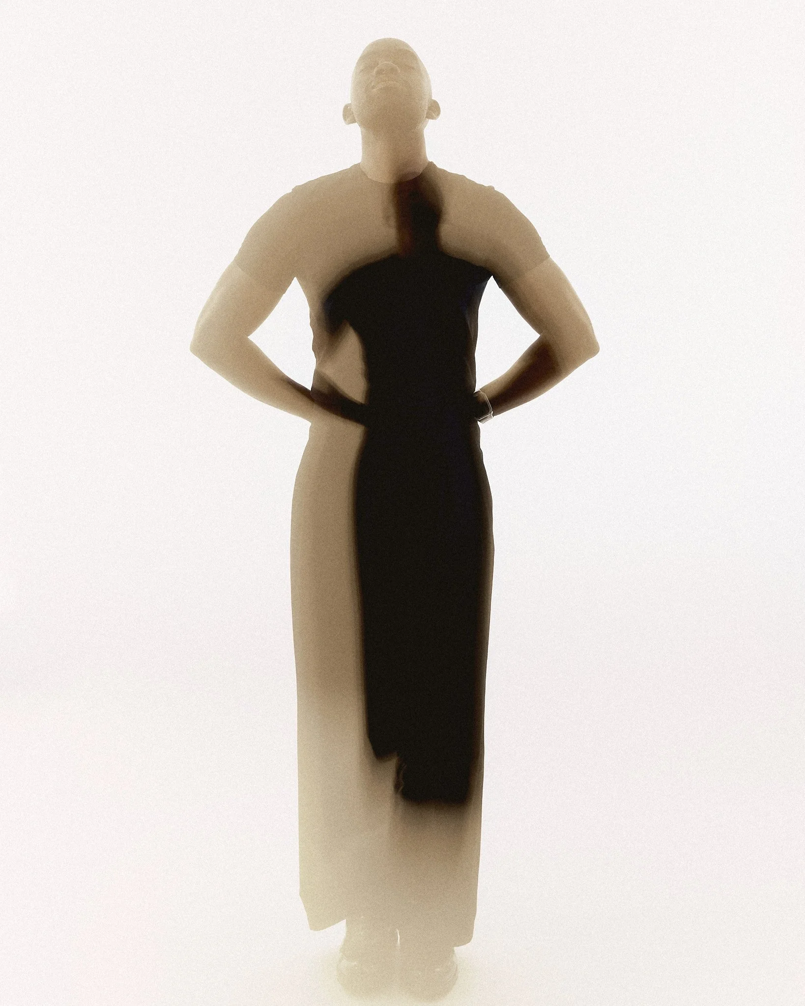 A person with short hair and wearing a black dress is standing against a plain, light-colored background. The person is facing forward with their hands on their hips, and the image is mirrored vertically, showing their reflection.