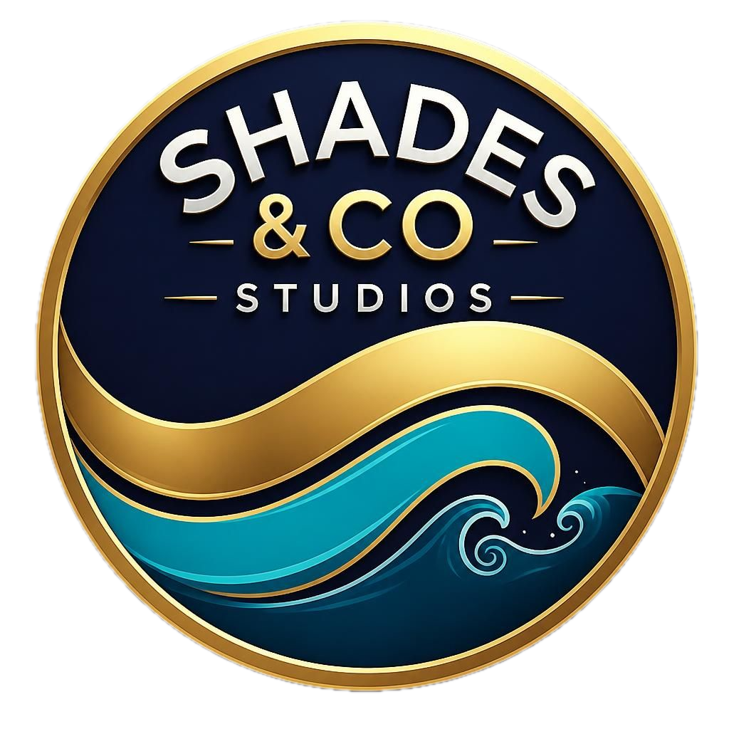 Logo for Shades & Co Studios featuring a circular design with gold, dark blue, white, and teal colors, including stylized waves and text.