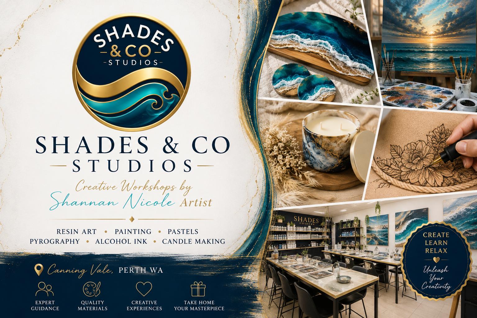 Promotional flyer for Shades & Co Studios creative workshops, featuring images of ocean-themed art, an art studio, candles, and a workshop in progress, with details of location in Perth, WA, and offerings like resin art, painting, pastels, pyrography, alcohol ink, and candle making.