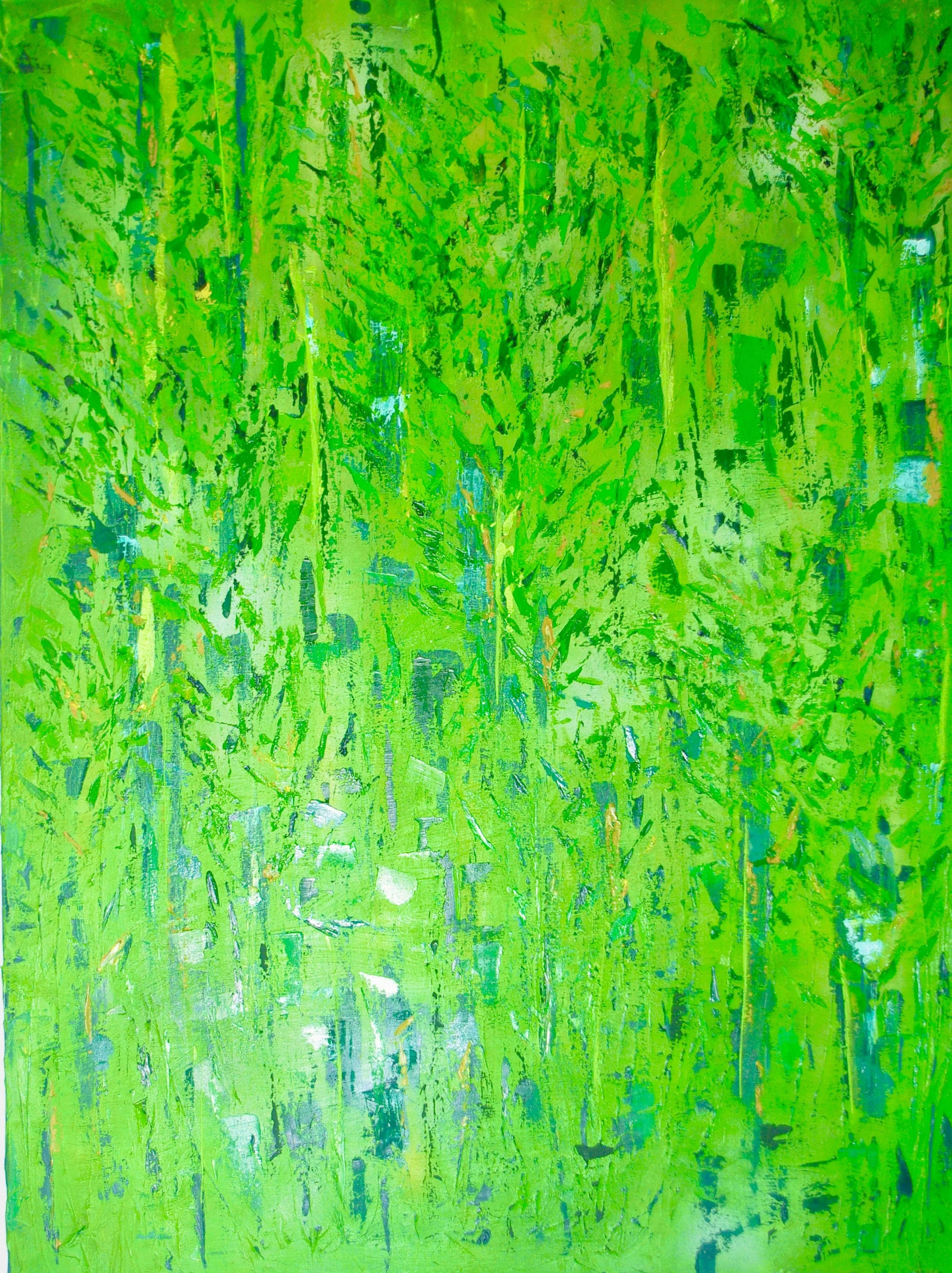 An abstract painting with various shades of green, blue, and hints of other colors, featuring bold, expressive brushstrokes.