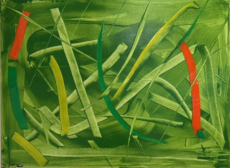 Abstract painting with green background and multicolored curved lines in red, yellow, and green.