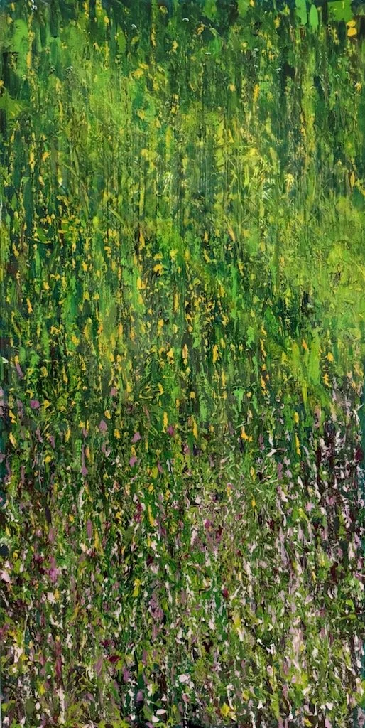 An abstract painting of a lush, green landscape with tall grasses and vegetation, featuring a mix of yellow, purple, and green colors.